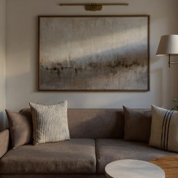 Projekty wnętrz Bielsko, Żywiec i okolice. Wygodna sofa w neutralnym beżu, minimalistyczny stolik kawowy i duży obraz z oświetleniem akcentującym. Zapewniam projekt kompleksowy wraz z wizualizacjami VR, dając pewność efektu.