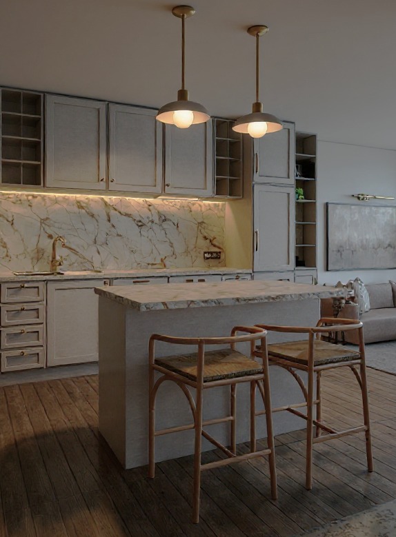 Jasna kuchnia z wyspą i marmurowym blatem. Dwa drewniane hokery przy wyspie. Złote lampy wiszące nad wyspą. Eleganckie wykończenie, ciepłe oświetlenie.