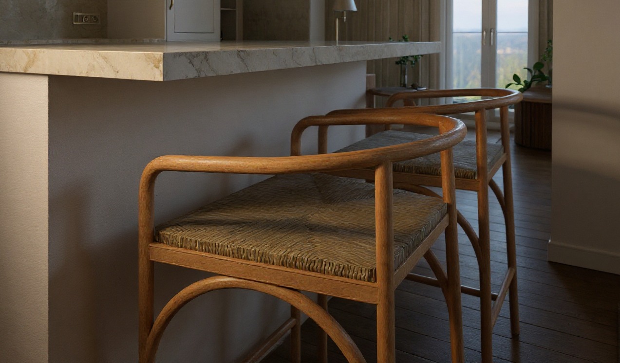 Detal aranżacji: Dwa drewniane krzesła barowe z plecionymi siedziskami przy marmurowym blacie wyspy kuchennej. Styl modern classic, naturalne światło, minimalistyczne tło.
