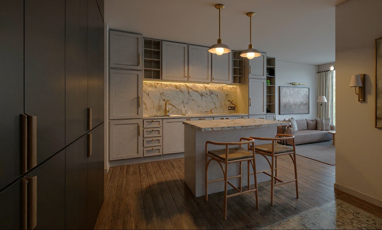 Salon z kuchnią: wyspa z hokerami, marmurowy backsplash, oświetlenie punktowe. Ciepłe światło tworzy wieczorny klimat. Widok na salon z sofą i obrazem.