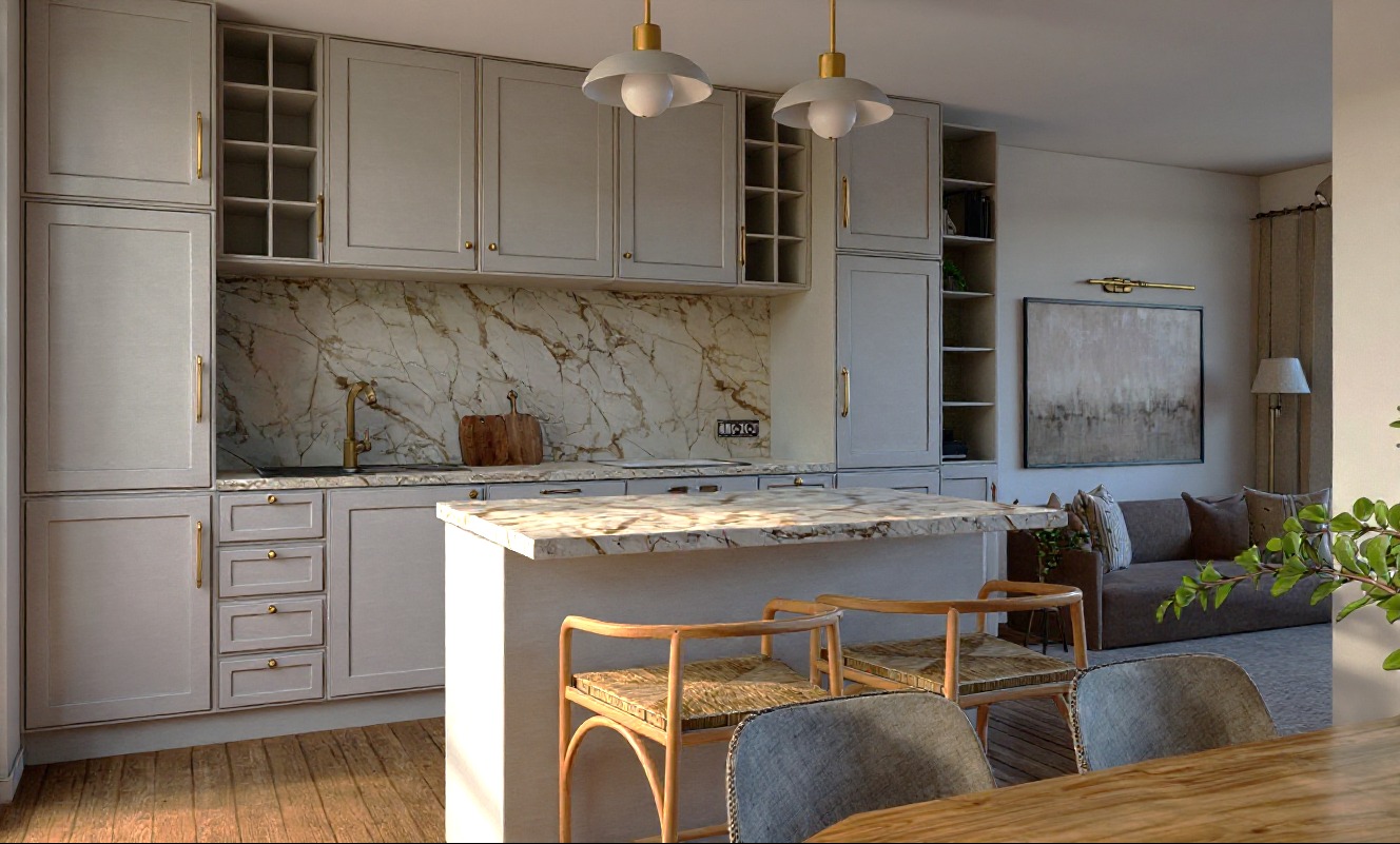 Salon z kuchnią: szare szafki, marmurowy backsplash, wyspa z blatem z marmuru, krzesła barowe z rattanu, lampy wiszące, obraz na ścianie, sofa w tle.