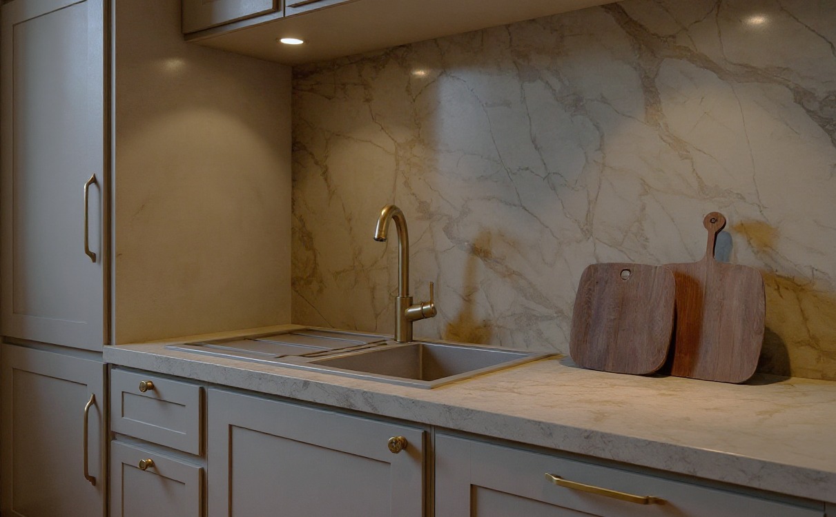 Kuchnia w odcieniach szarości z blatem imitującym marmur, złota bateria i drewniane deski do krojenia. Ujęcie detalu podkreśla elegancję i dbałość o szczegóły.