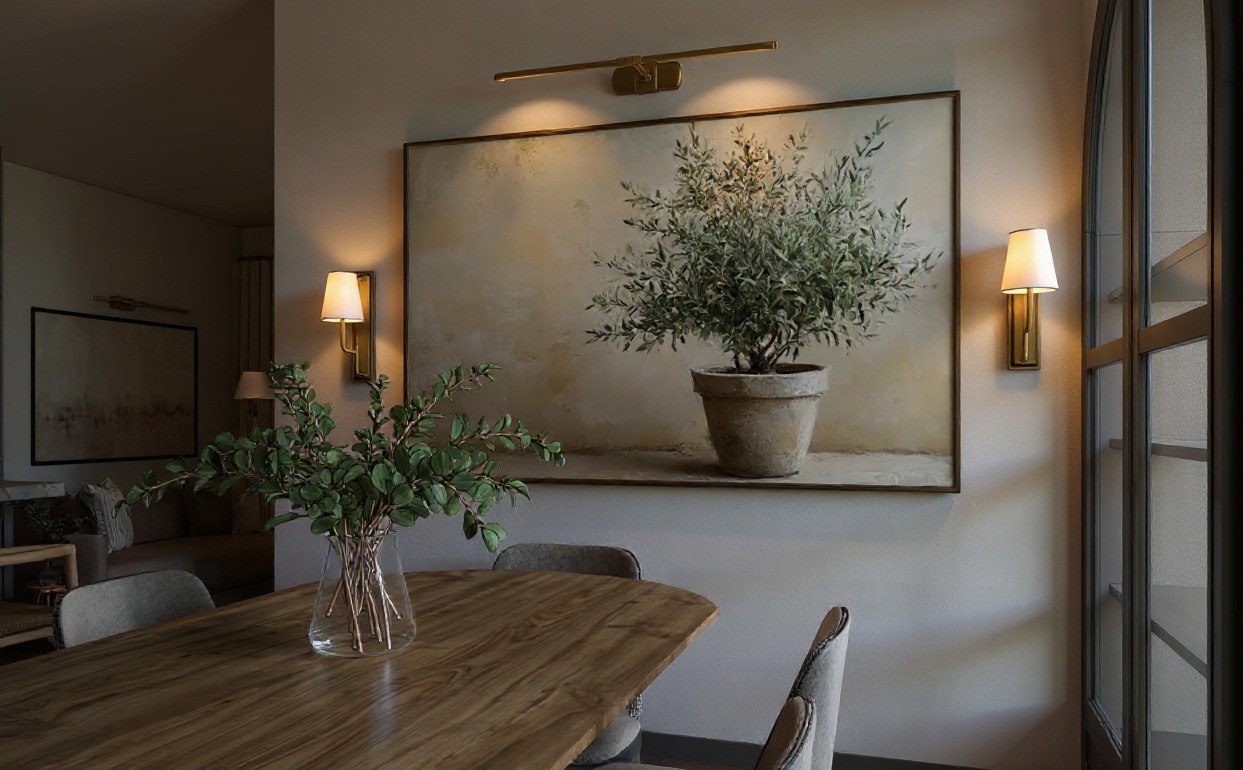 Jadalnia w neutralnych barwach z drewnianym stołem, szarymi krzesłami i obrazem roślinnym podświetlonym lampą. Na stole wazon z zielonymi gałązkami.
