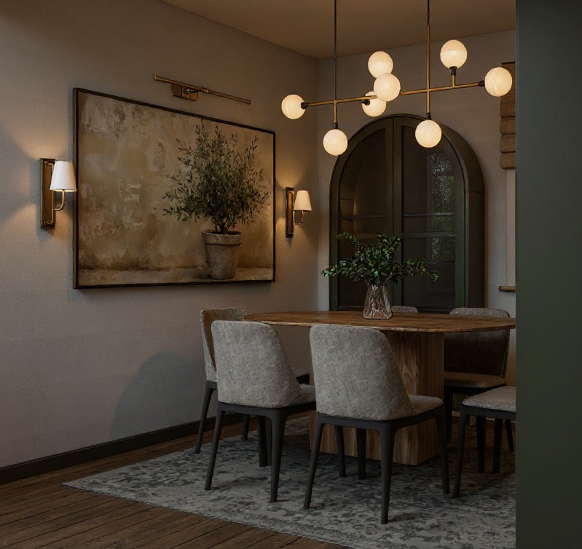 Jadalnia w stonowanych barwach: okrągły stół z drewnianym blatem, szare krzesła tapicerowane, obraz z motywem roślinnym i nowoczesna lampa sufitowa.