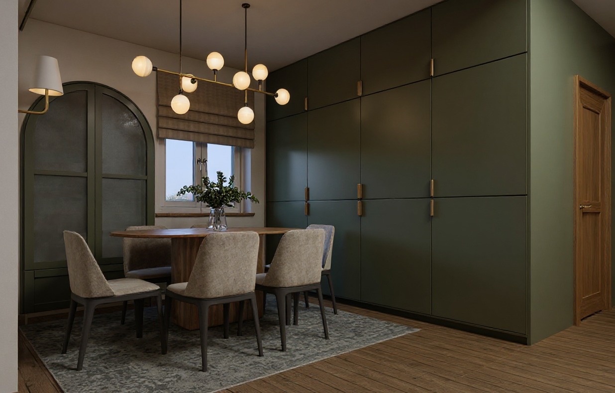Jadalnia z zabudową Olive Sage: okrągły stół, krzesła z beżową tapicerką, nowoczesna lampa wisząca. Duża szafa w kolorze oliwkowym zajmuje całą ścianę.