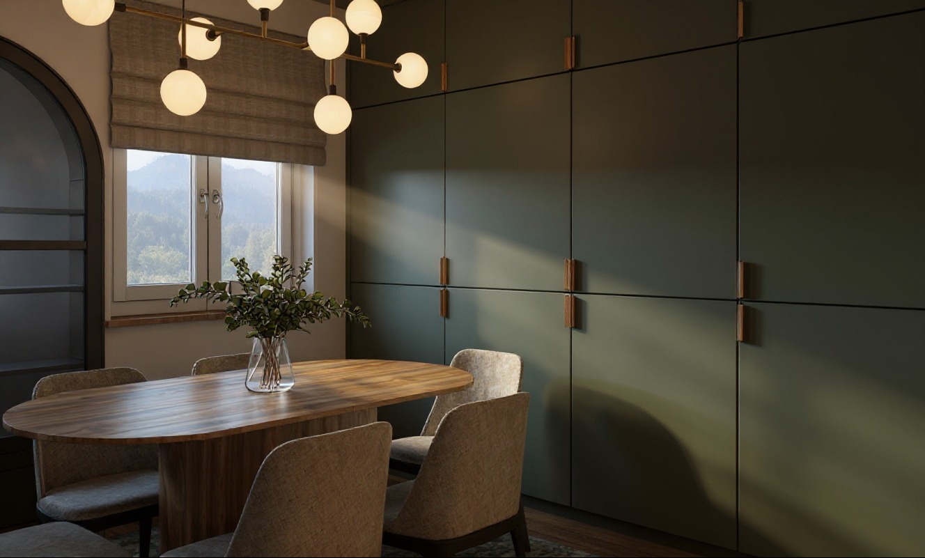 Jadalnia w stylu modern classic: drewniany stół dla 6 osób, krzesła tapicerowane, szafy na wymiar w kolorze oliwkowym od podłogi do sufitu, okno z widokiem na góry.