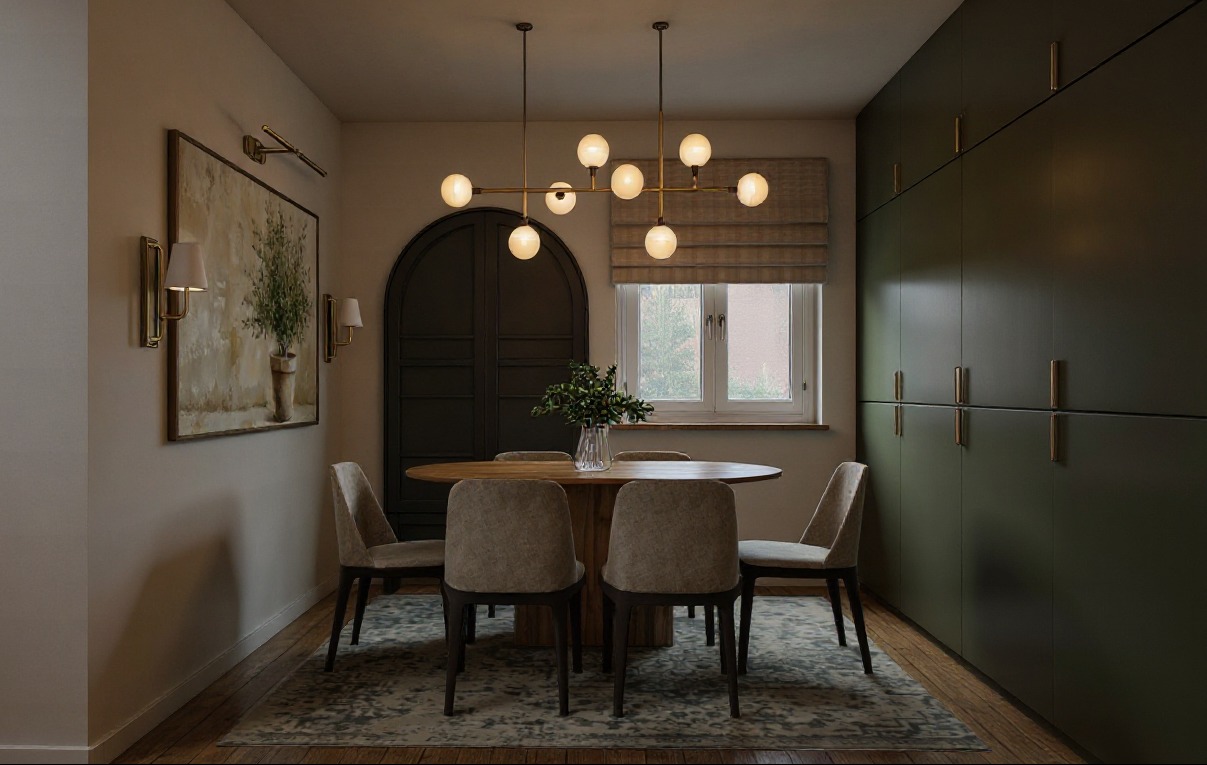 Jadalnia z okrągłym stołem, krzesłami i zabudową w kolorze Olive Sage. Nad stołem designerska lampa. Obraz na ścianie i dywan dopełniają aranżację.