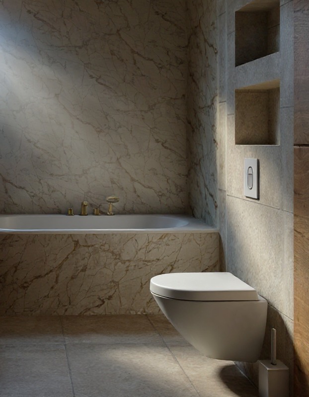 Elegancka łazienka z wanną i podwieszaną toaletą. Ściany i obudowa wanny wykończone płytkami imitującymi marmur. W ścianie wnęki.