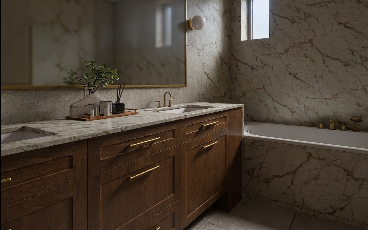 Elegancka łazienka z marmurowymi ścianami, drewnianą zabudową umywalki i wanną. Złote akcenty armatury i oświetlenia. Roślinny akcent dekoracyjny na blacie.