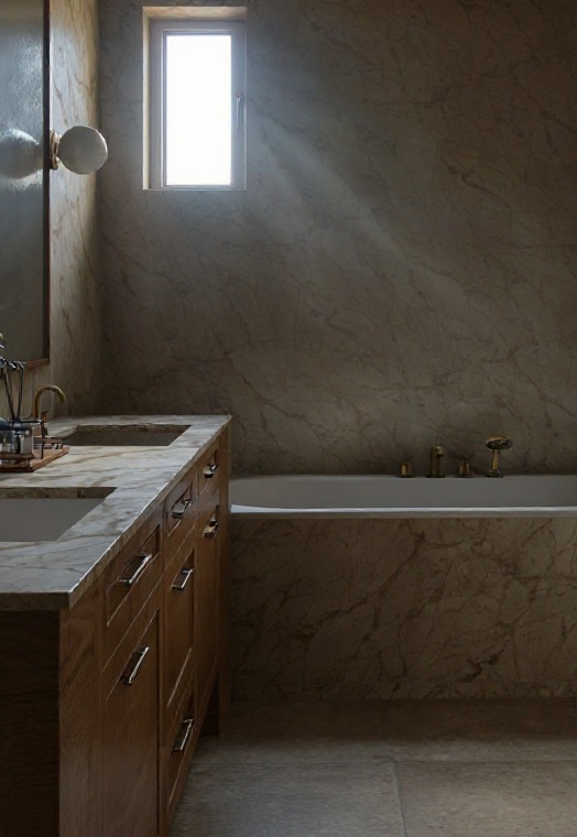 Jasna łazienka z wanną przy oknie, obudowaną marmurem. Umywalka z drewnianą szafką i marmurowym blatem. Promienie słońca wpadają przez okno.