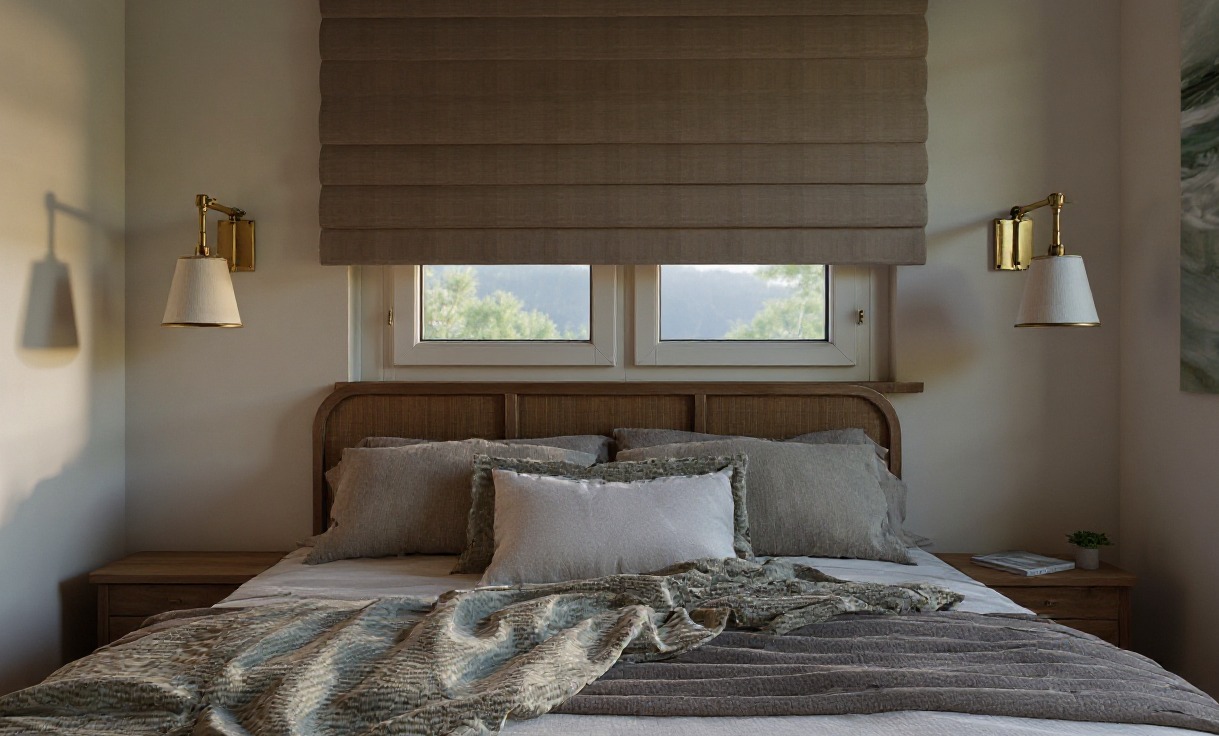Sypialnia w neutralnych barwach: wezgłowie z plecionki, drewniana szafka nocna, tekstylna roleta rzymska i lampki ścienne z abażurami. Okno z widokiem na zieleń.