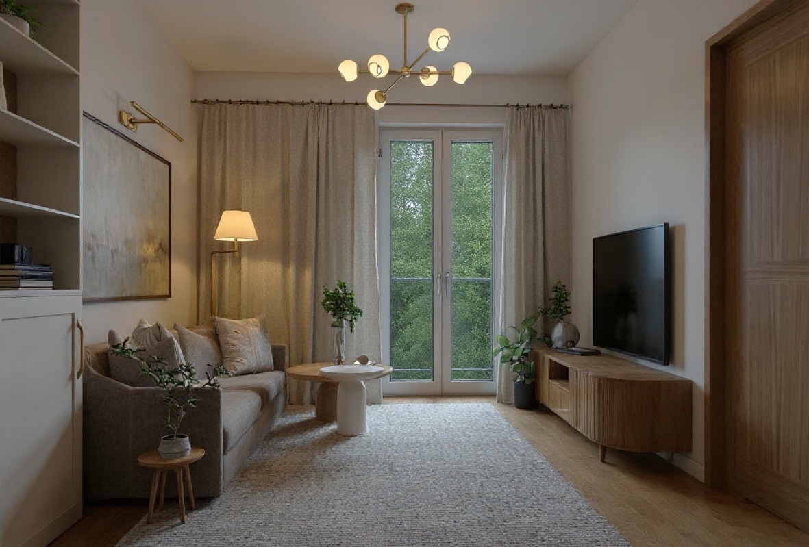 Jasny salon w bloku z beżową sofą, drewnianą szafką RTV i dywanem w stylu naturalnym. Okno z widokiem na zieleń. Ciepłe oświetlenie lampy podłogowej i sufitowej.