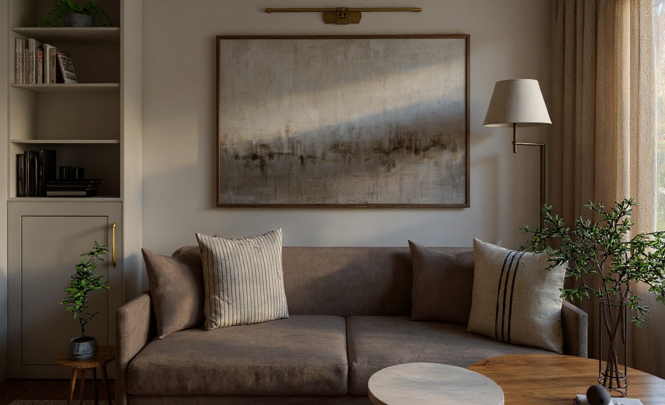Beżowa sofa z poduszkami w salonie, stoliki kawowe z drewna i marmuru, abstrakcyjny obraz z oświetleniem, regał z książkami i dekoracyjna roślina w doniczce.