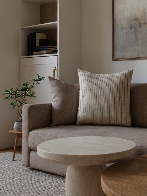 Jasny salon w stylu Natural/Hampton: beżowa sofa z poduszkami, okrągłe stoliki kawowe z drewna, dywan z juty, roślina doniczkowa i obraz na ścianie. Minimalistyczny design.