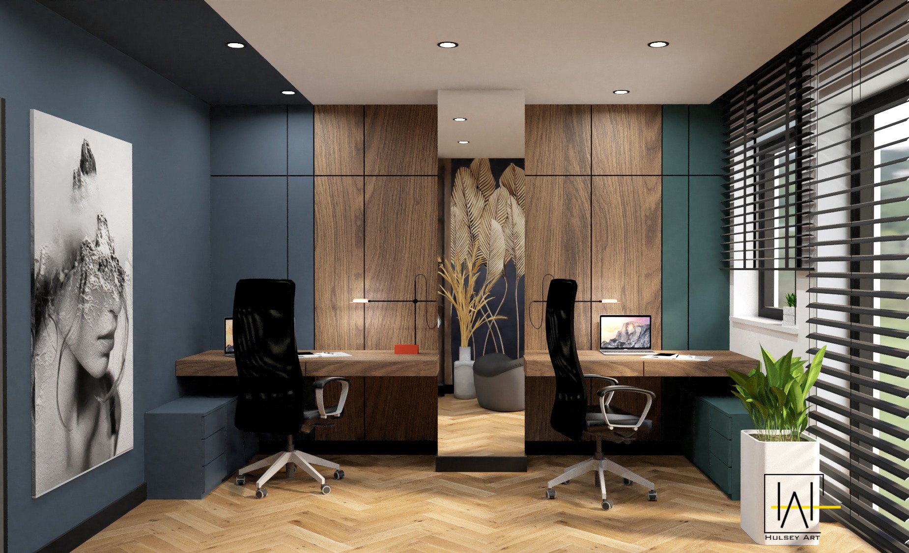 Nowoczesne biuro domowe z drewnianymi biurkami, ergonomicznymi krzesłami i minimalistycznym wystrojem. Na ścianie grafika w odcieniach szarości. Parkiet w jodełkę.