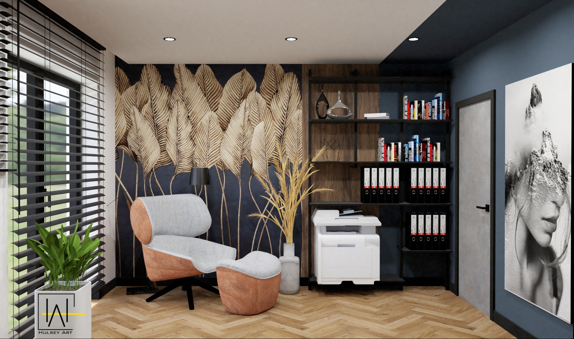 Wizualizacja biura: fotel z podnóżkiem, regał z książkami i segregatorami, drukarka, roślina w doniczce, obraz na ścianie, parkiet w jodełkę. Tapeta w pióra.
