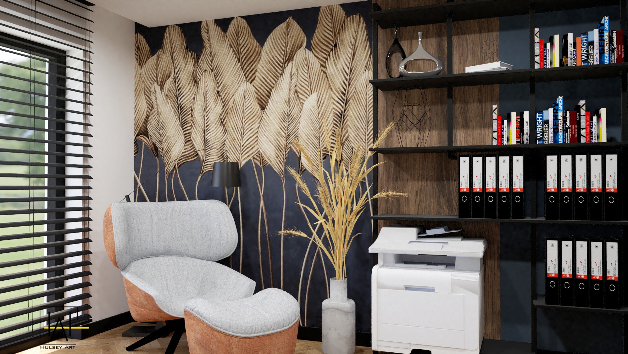 Nowoczesne biuro domowe z fototapetą w liście, szarym fotelem z podnóżkiem, regałem z książkami i drukarką. Minimalistyczny design, stonowana kolorystyka.