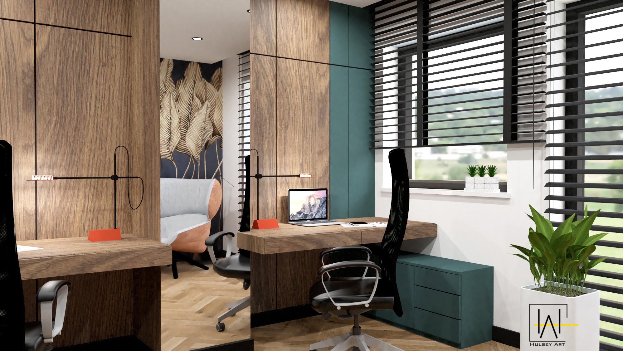 Nowoczesne biuro z drewnianymi panelami, biurkiem z laptopem i ergonomicznym krzesłem. Akcenty kolorystyczne w postaci turkusowych szafek i roślin doniczkowych.