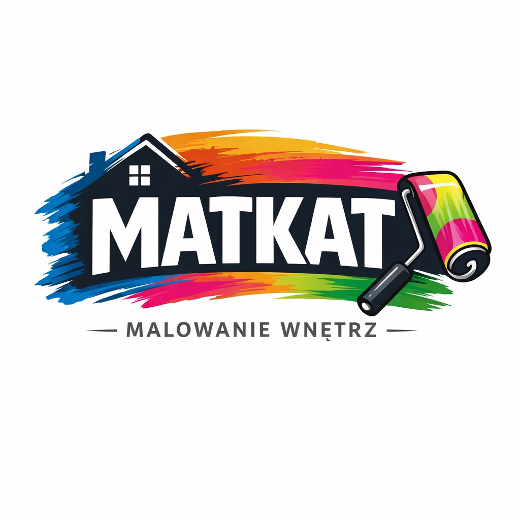 Kolorowe logo firmy MATKAT z motywem malowania wnętrz, pędzlem i domem. Dynamiczne, nowoczesne, z wyraźnym napisem i hasłem.