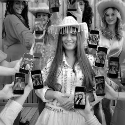 Strzyzewska_fotografia - Czarno-białe zdjęcie grupy kobiet w kowbojskich kapeluszach, otaczających centralną postać, z telefonami prezentującymi zdjęcia portretowe w podobnej stylizacji.