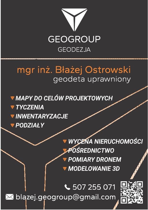 Grafika reklamowa firmy geodezyjnej GEOGROUP z danymi kontaktowymi mgr inż. Błażeja Ostrowskiego, oferującej mapy, tyczenia, inwentaryzacje, podziały i wycenę nieruchomości.