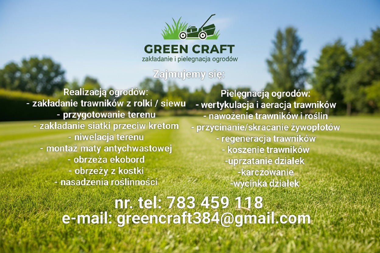 Informacja o firmie Green Craft na tle trawnika, oferującej zakładanie i pielęgnację ogrodów, z listą usług i danymi kontaktowymi.