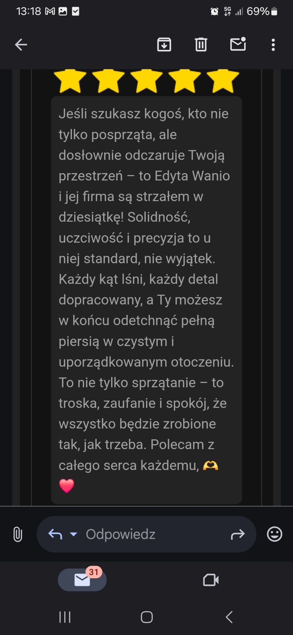 Zrzut ekranu z pozytywną opinią klienta (5 gwiazdek) o firmie sprzątającej Edyta Wanio. Tekst chwali solidność, uczciwość i precyzję oraz lśniące kąty.