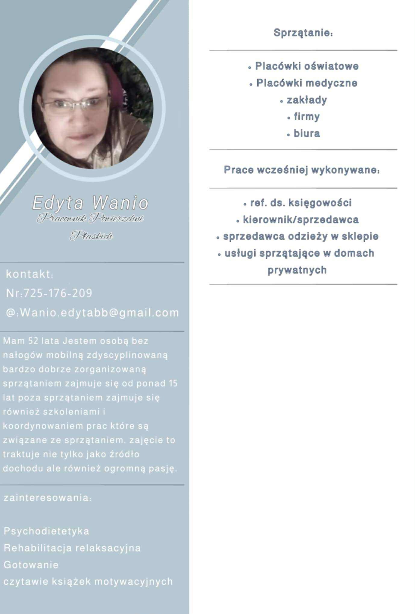 Grafika informacyjna firmy sprzątającej: Edyta Wanio, kontakt, zakres usług (placówki oświatowe, medyczne, zakłady, firmy, biura) i zainteresowania. Minimalistyczny design.