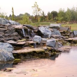 Visual Garden 5.3.0.9.0.8.7.2.8 - Ogród z kaskadą wodną zbudowaną z płaskich kamieni i dużych głazów, w tle zieleń drzew i krzewów. Woda spływa do stawu z liliami wodnymi.