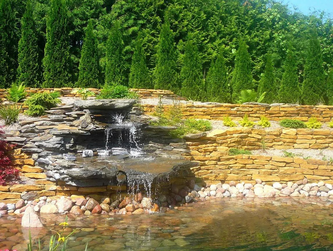 Ogród z kaskadą wodną i kamienną ścianą. Woda spływa po skałach do oczka wodnego z kamienistym dnem. W tle wysokie, zielone tuje i roślinność.