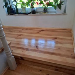 Andrzej Werner uslugi remontowo budowlane - Drewniane schody po renowacji, widoczne słoje drewna i połysk lakieru. Na parapecie okna ustawione rośliny doniczkowe.