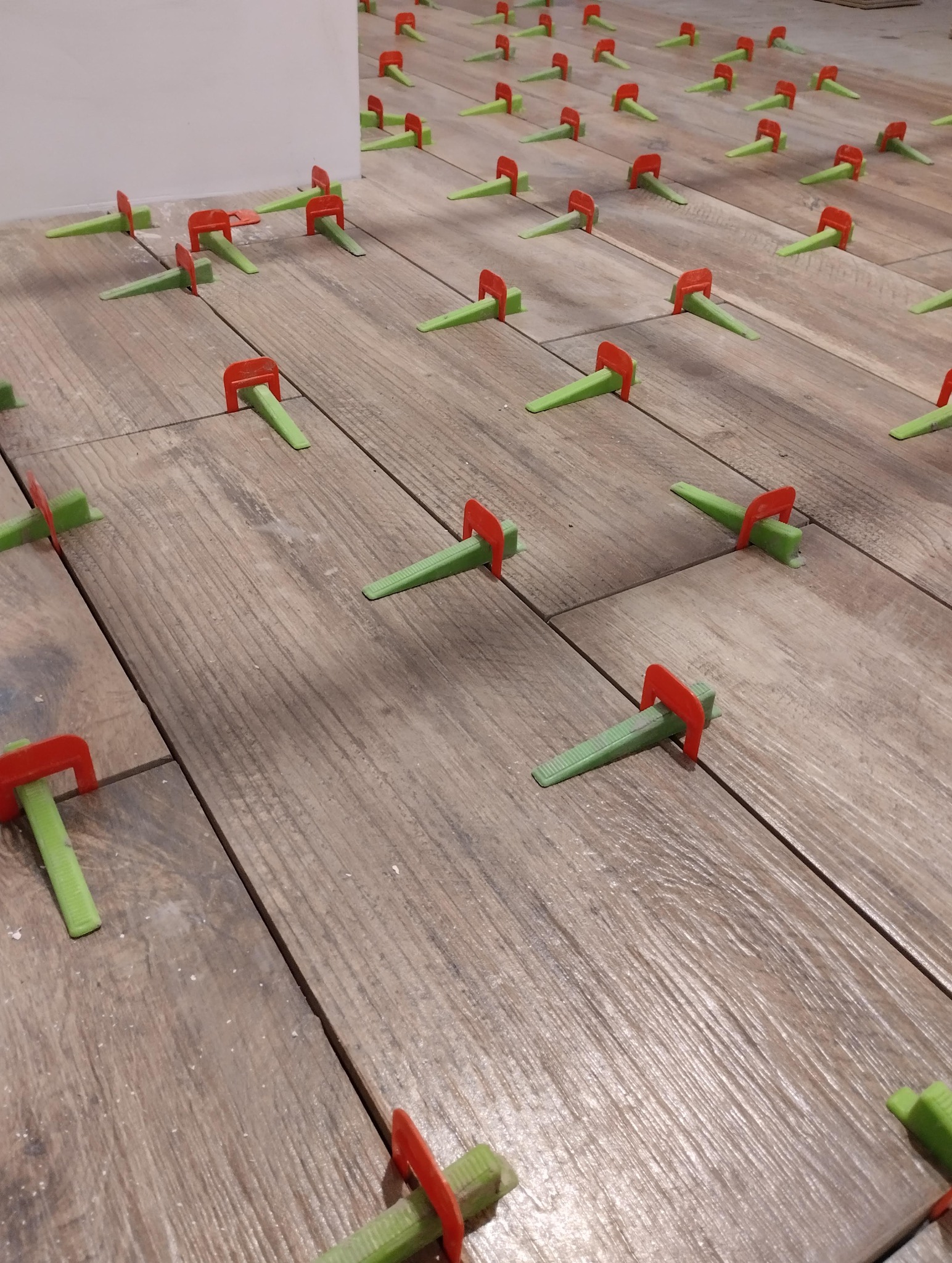 Ułożone płytki podłogowe imitujące drewno, z systemem poziomowania (czerwono-zielone kliny). Widok z góry, bliski kadr. Jasne tło ściany w tle.