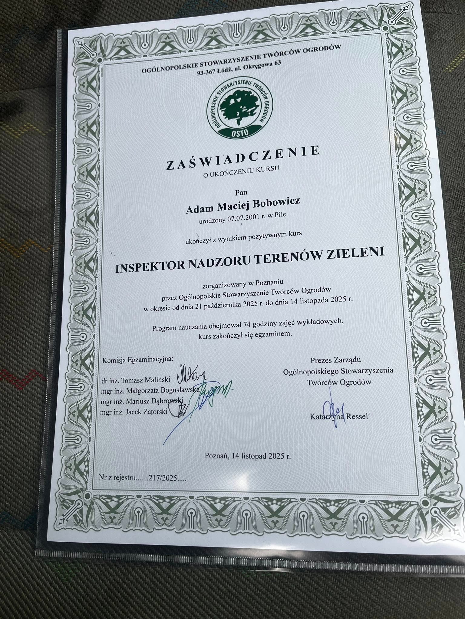 Zaswiadczenie ukonczenia kursu Inspektora Nadzoru Terenów Zieleni w OSTO