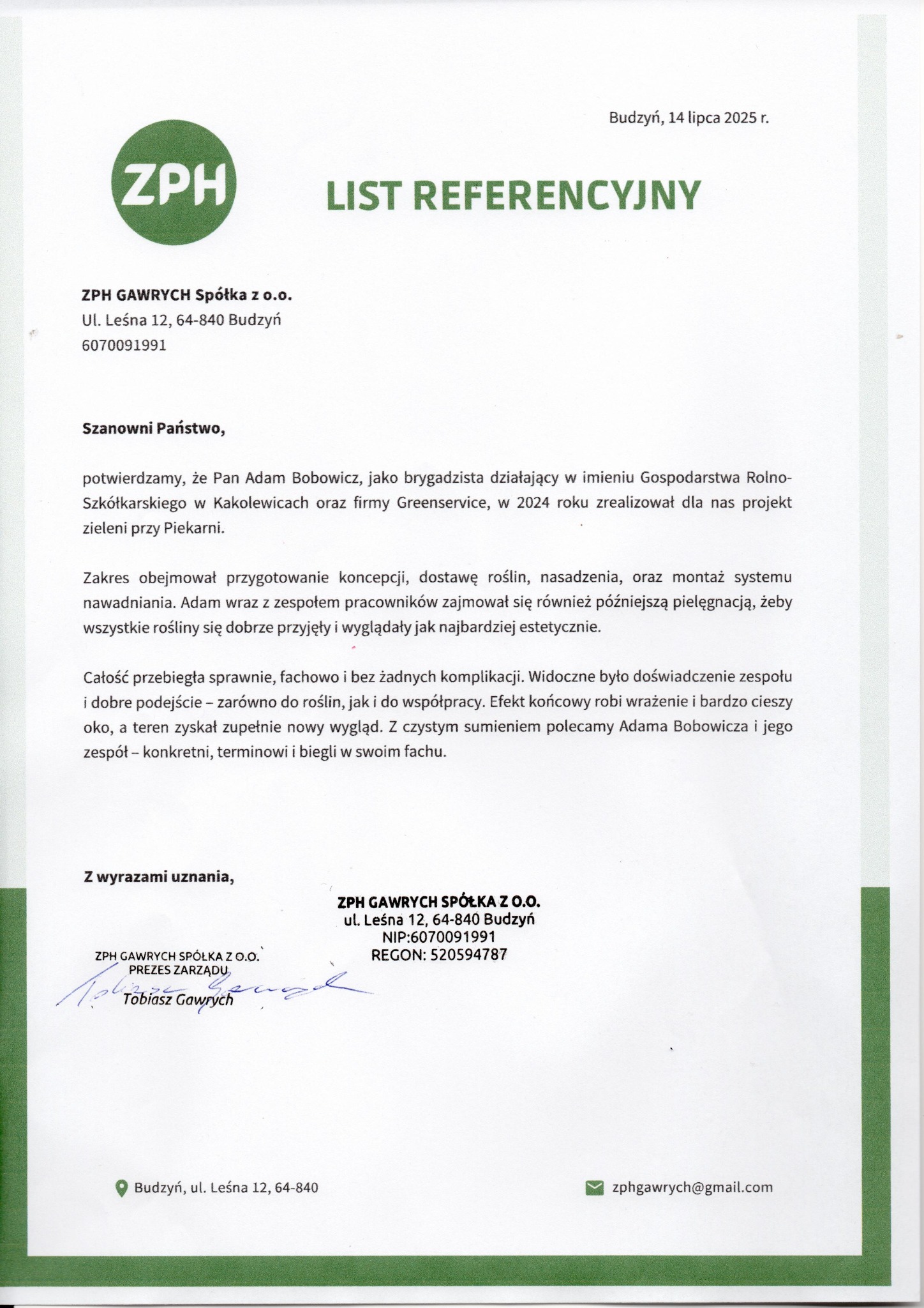 List referencyjny od ZPH Gawrych Spółka z o.o. potwierdzający realizację projektu zieleni przez Adama Bobowicza. Dokument z datą, podpisem i danymi kontaktowymi.