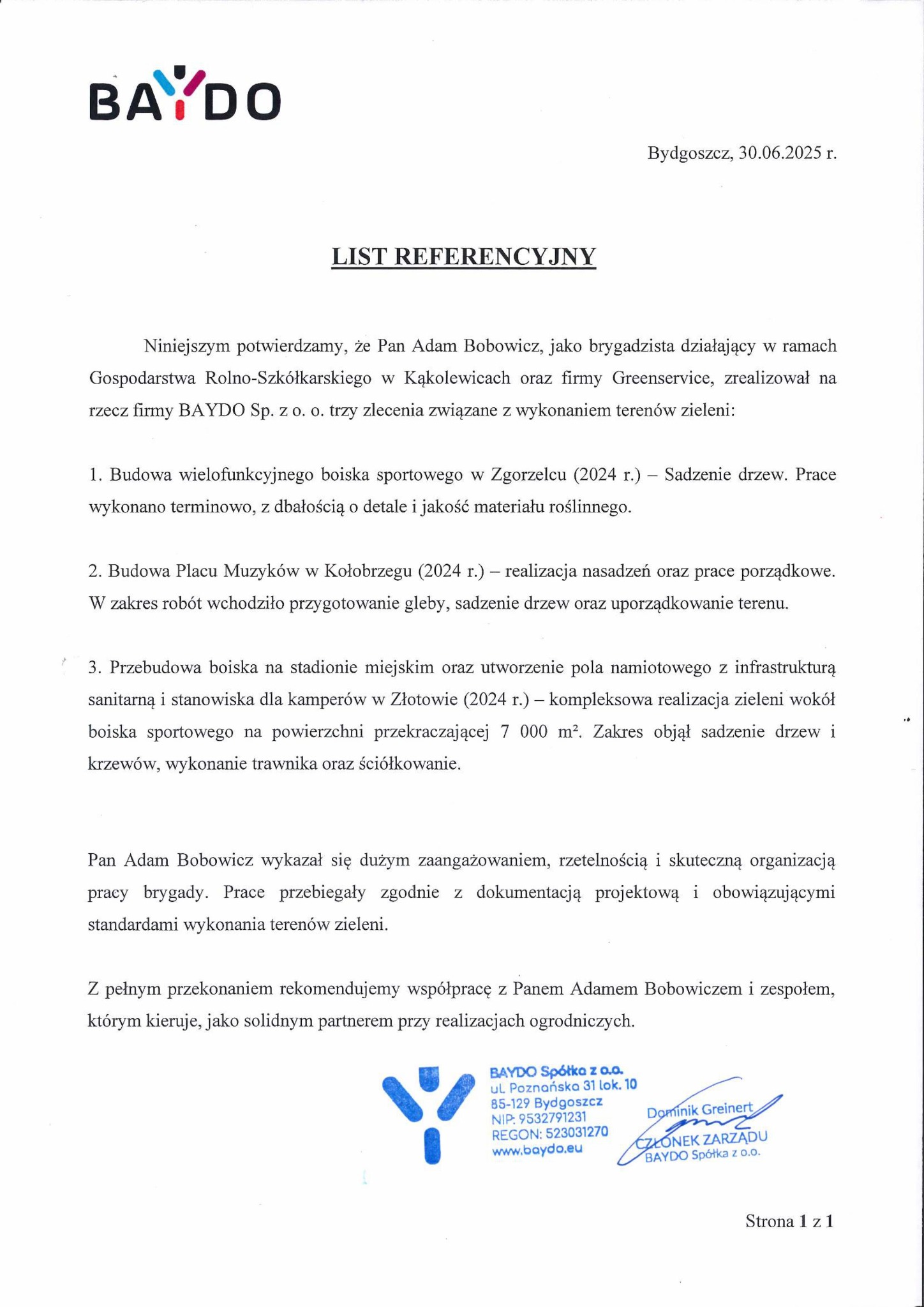 Dokument referencyjny firmy BAYDO Sp. z o.o. potwierdzający realizację zleceń związanych z terenami zieleni, w tym sadzenie drzew i krzewów na boiskach sportowych.