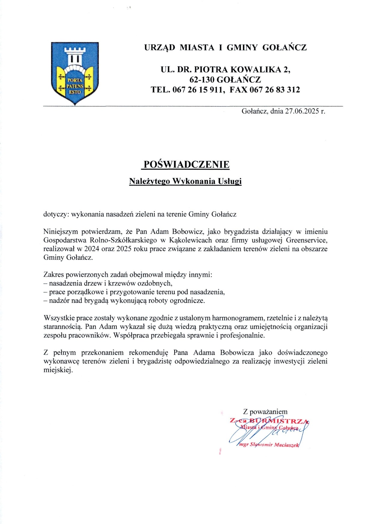 Poświadczenie należytego wykonania usługi sadzenia zieleni na terenie Gminy Gołańcz, wystawione przez Urząd Miasta i Gminy Gołańcz, datowane na 27.06.2025 r.