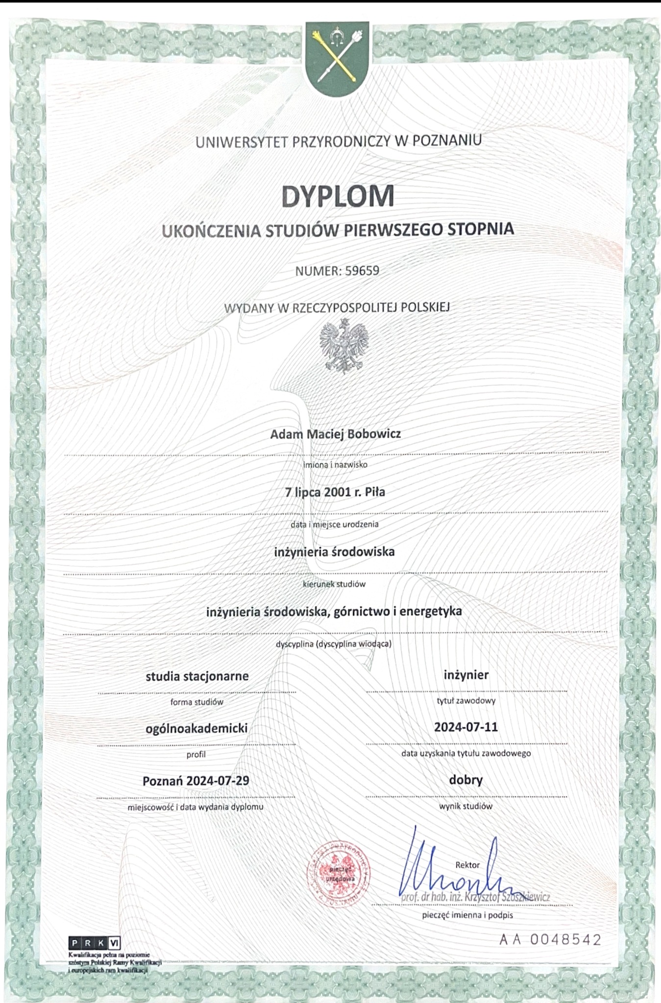 Dyplom ukonczenia studiów inżynierskich