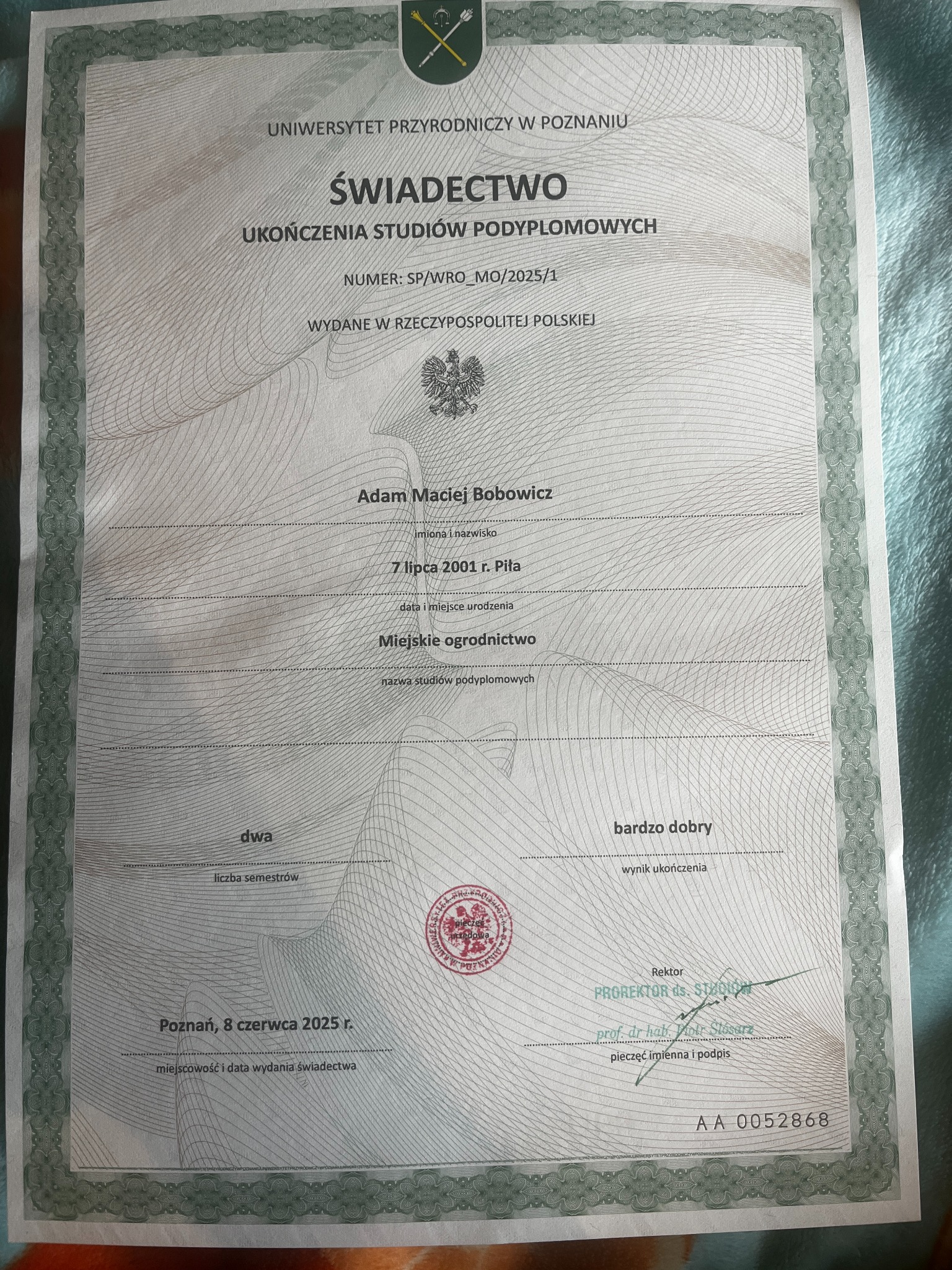 Dyplom ukonczenia studiow podyplomowych na kierunku Ogrodnictwo Miejskie