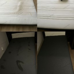 Pranie tapicerki meblowej Czysty Dom - Kolaż: materac przed i po czyszczeniu. Na górze biały materac z plamami, po prawej ten sam materac po czyszczeniu z wentylatorem. Na dole czarny materac przed i po.