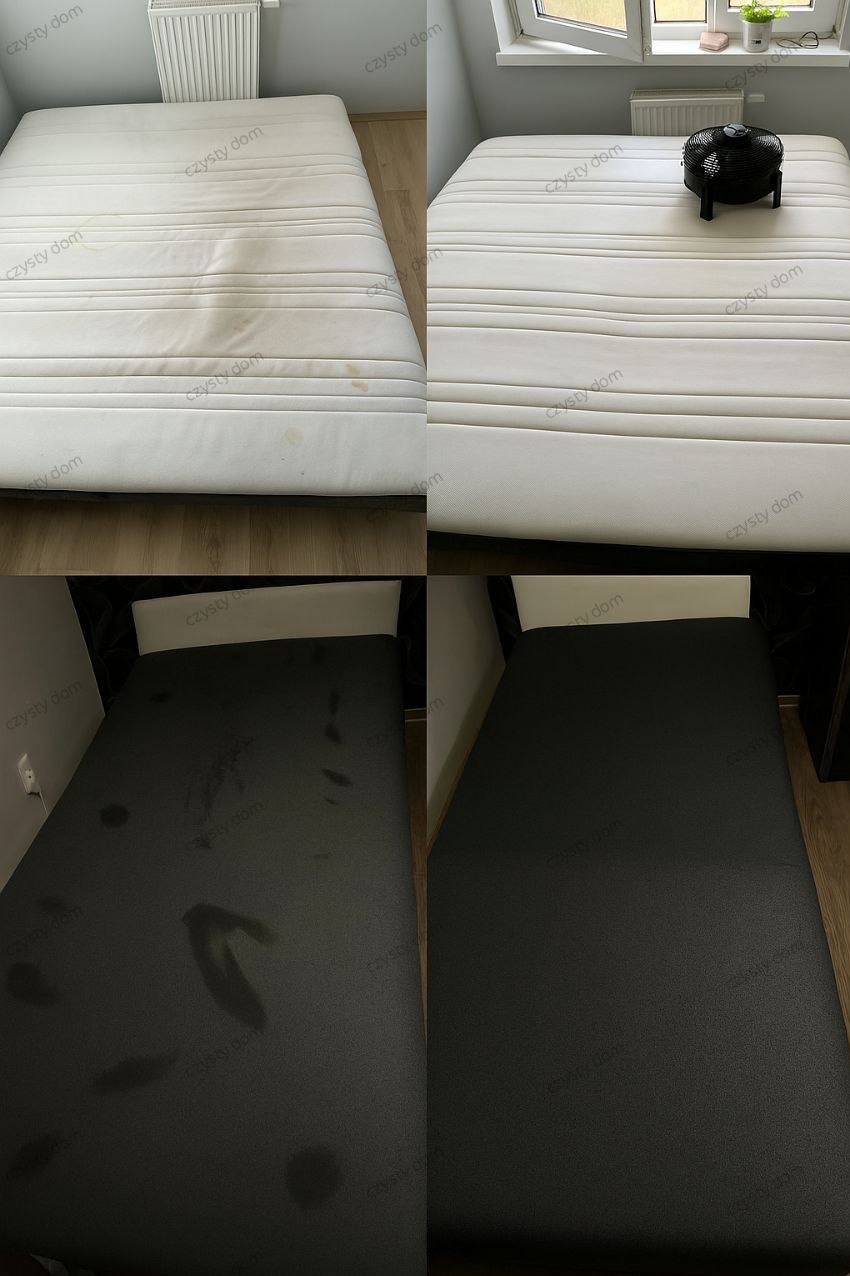 Kolaż: materac przed i po czyszczeniu. Na górze biały materac z plamami, po prawej ten sam materac po czyszczeniu z wentylatorem. Na dole czarny materac przed i po.