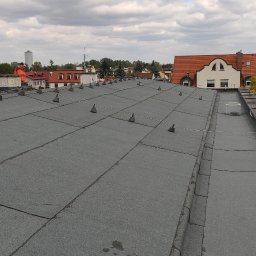 DACH SERWIS Łukasz Lewicki - Szary dach pokryty papą z odgromnikami na tle zabudowań miejskich i pochmurnego nieba. Widoczny komin i drzewa. Ujęcie z góry.