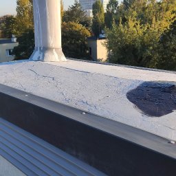 DACH SERWIS Łukasz Lewicki - Biały dach pokryty częściowo ciemną farbą, obok pędzle i narzędzia. Widok z góry na tle zieleni i budynków. Etap prac malarskich na dachu płaskim.