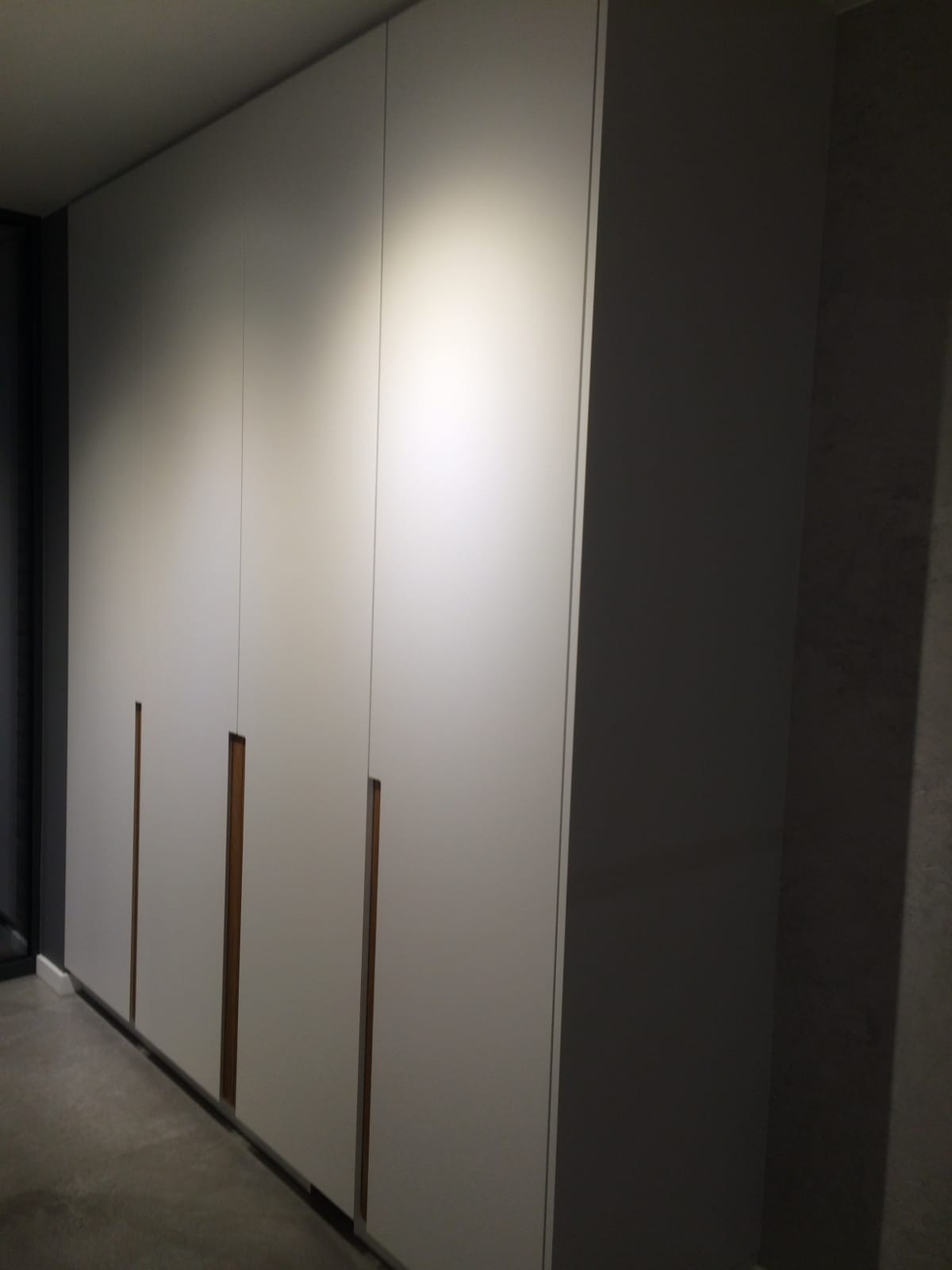 Długa, biała szafa wnękowa z minimalistycznymi, drewnianymi uchwytami, wkomponowana w szarą ścianę. Oświetlenie górne podkreśla gładkie fronty.