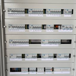 Damian Głąb - Estetycznie okablowana rozdzielnica elektryczna z rzędami wyłączników nadprądowych i różnicowoprądowych, precyzyjnie opisanych etykietami obwodów, m.in. 'SALON', 'KOTŁOWNIA', 'REKUPERACJA'.