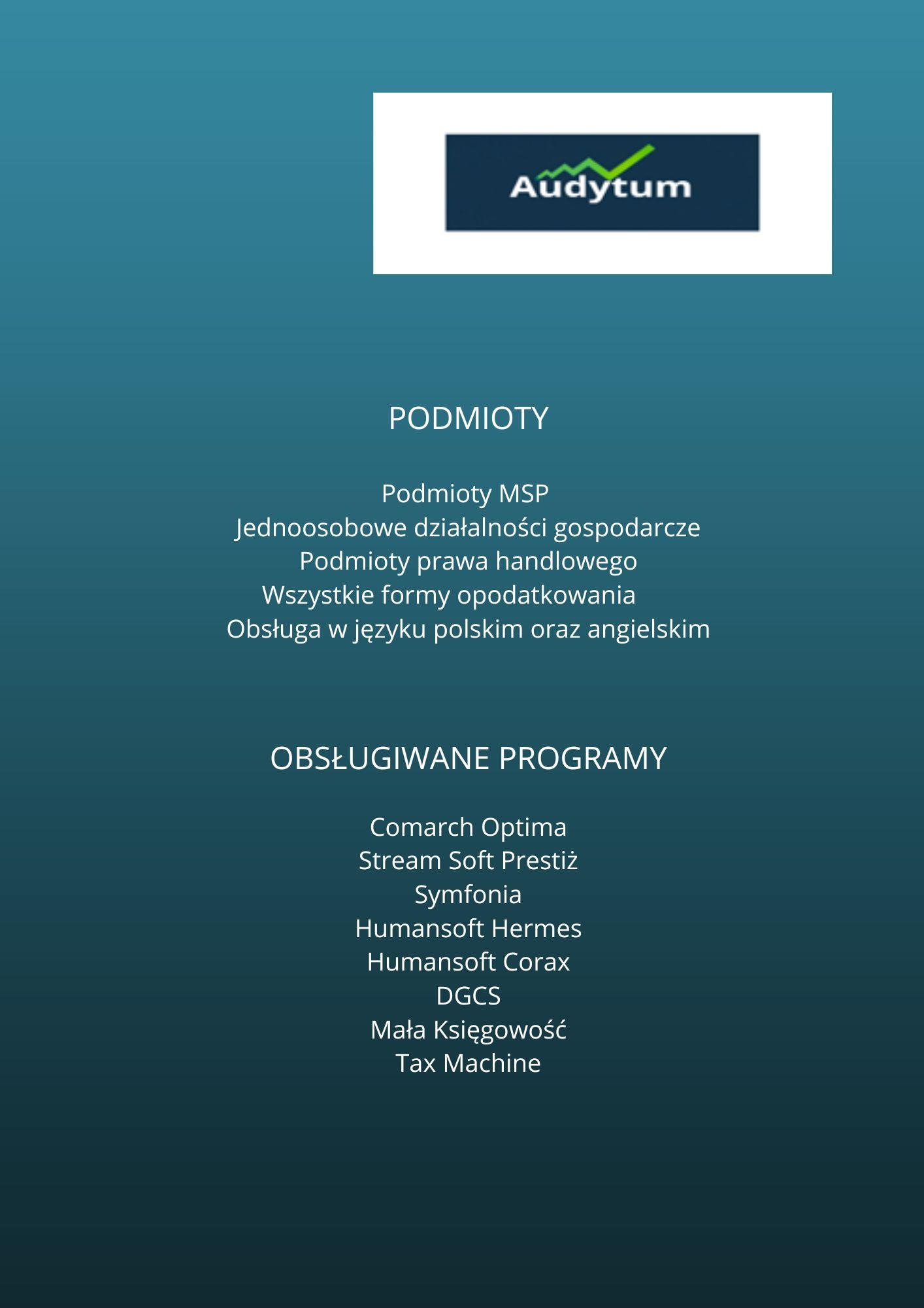 Grafika informacyjna biura rachunkowego Audytum. Wymienione obsługiwane podmioty i programy księgowe, w tym Comarch Optima i Symfonia. Obsługa w języku polskim i angielskim.