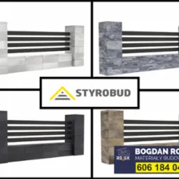 Cztery warianty kolorystyczne niskiego ogrodzenia z betonowych bloczków i poziomych, czarnych przęseł, prezentowane na białym tle z logo firmy w centrum i danymi kontaktowymi w prawym dolnym rogu.