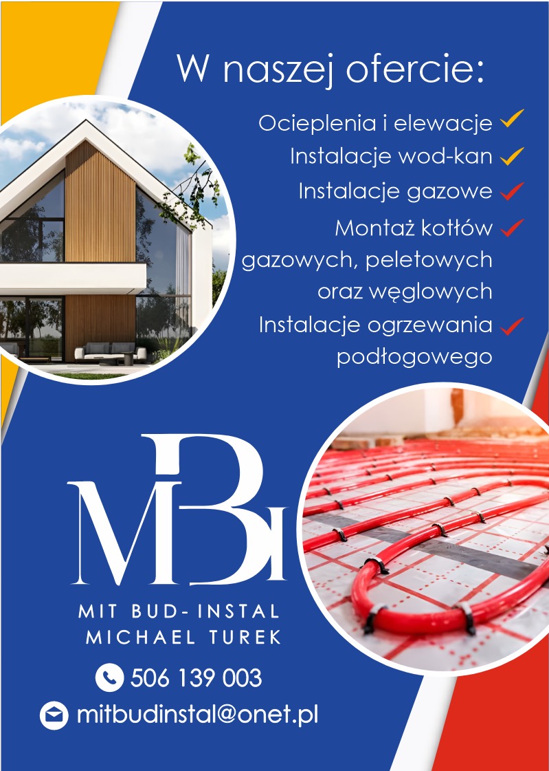 Baner firmy Mit Bud-Instal: elewacje, instalacje wod-kan, gazowe, montaż kotłów, ogrzewanie podłogowe. Nowoczesny dom i czerwone rury ogrzewania podłogowego.