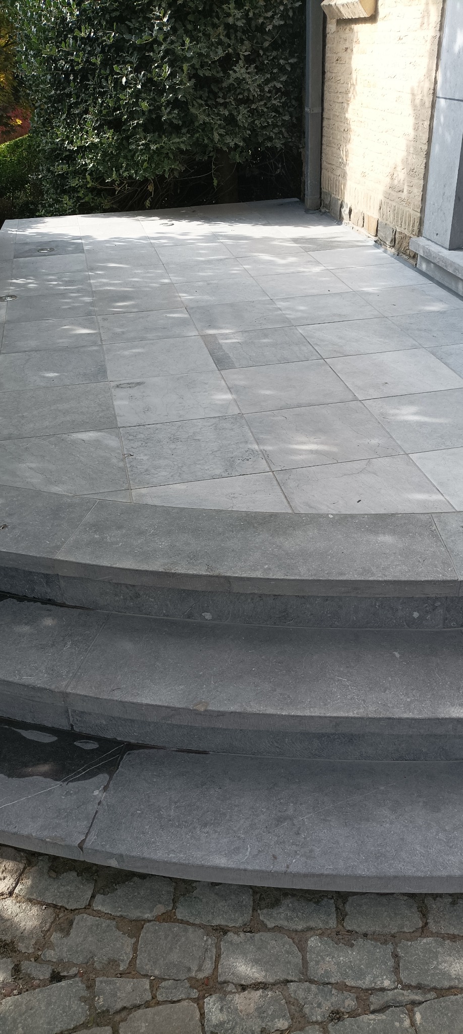 Szara, kamienna posadzka tarasu z dwoma zaokrąglonymi stopniami, widok z góry. Ciemne cienie drzew na płytach. W tle mur z cegły i zieleń.