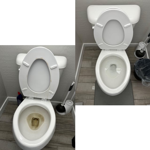 Toaleta przed i po czyszczeniu: po lewej zabrudzona muszla, po prawej lśniąca czystością. Widoczne płytki imitujące drewno i akcesoria do sprzątania.