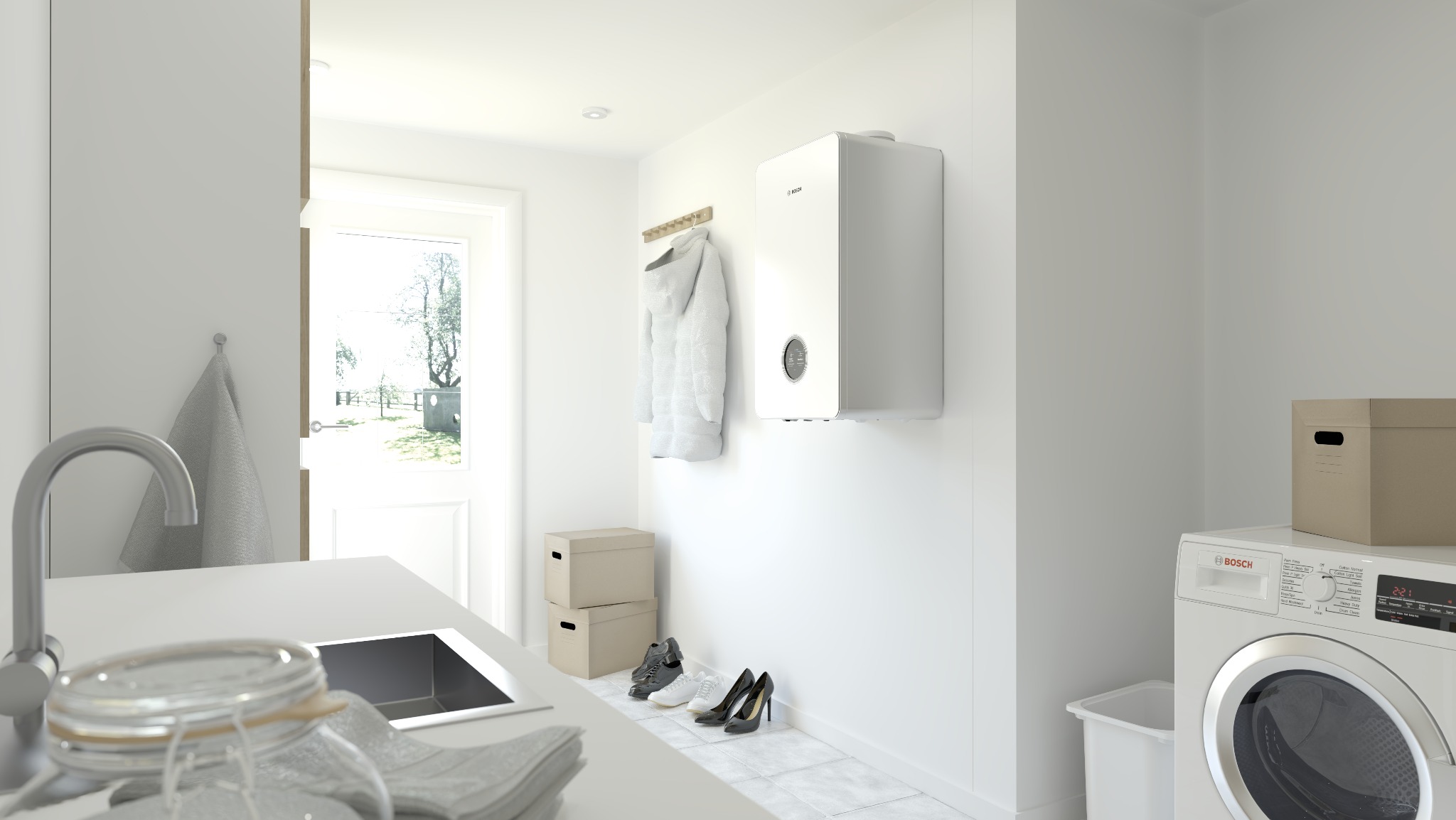 Biały piec gazowy Bosch zamontowany na ścianie w jasnym pomieszczeniu gospodarczym, obok pralka, zlew i buty. Minimalistyczny design, neutralna kolorystyka.